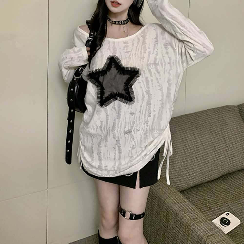 Y2K Gothic Grunge Distressed Baggy Sweater - 90s Retro Style, Summer Y2K Outfits
