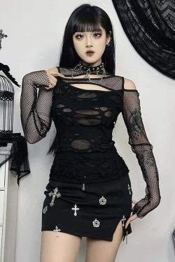 Y2K Gothic Grunge Distressed Fishnet Mesh Top - 90s Retro Summer Club Party Outfit