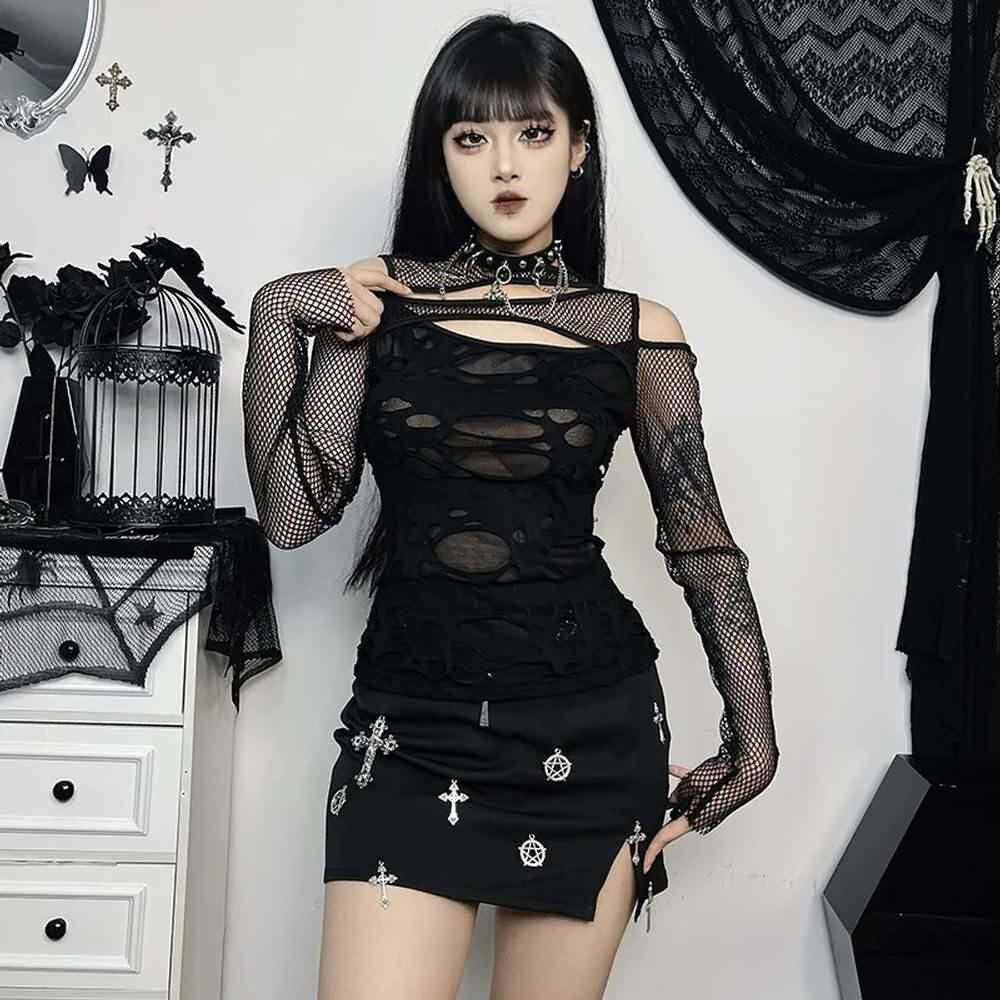 Y2K Gothic Grunge Distressed Fishnet Mesh Top - 90s Retro Summer Club Party Outfit