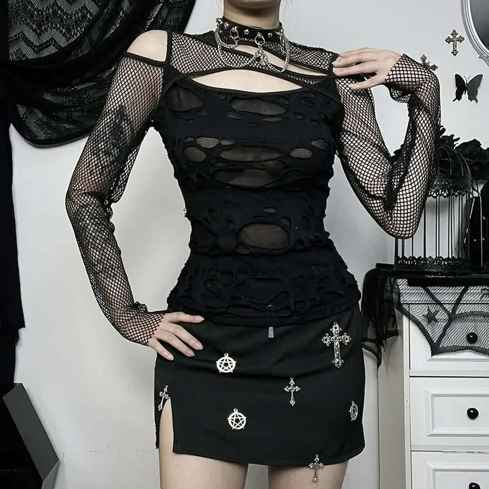 Y2K Gothic Grunge Distressed Fishnet Mesh Top - 90s Retro Summer Club Party Outfit