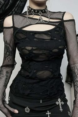 Y2K Gothic Grunge Distressed Fishnet Mesh Top - 90s Retro Summer Club Party Outfit