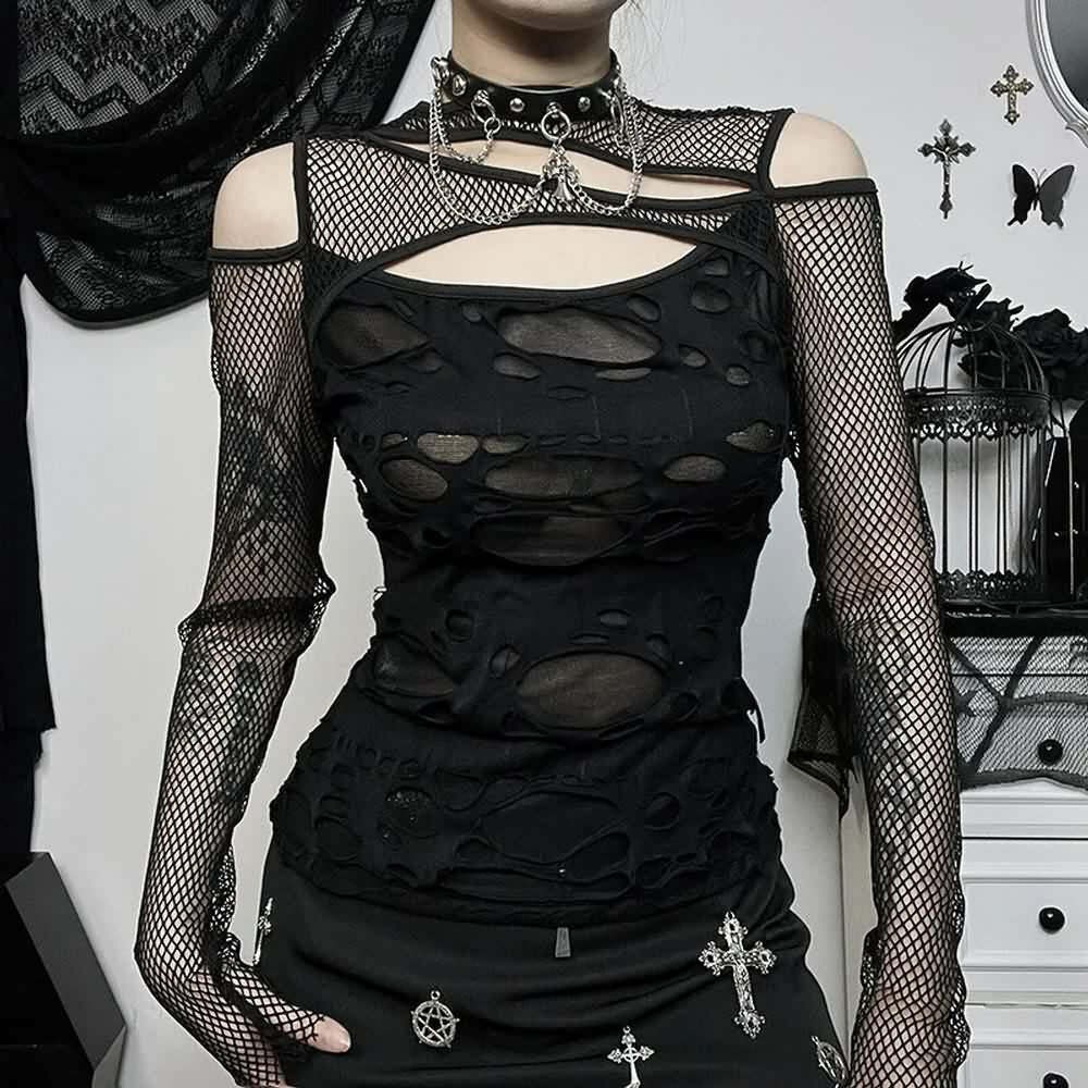 Y2K Gothic Grunge Distressed Fishnet Mesh Top - 90s Retro Summer Club Party Outfit