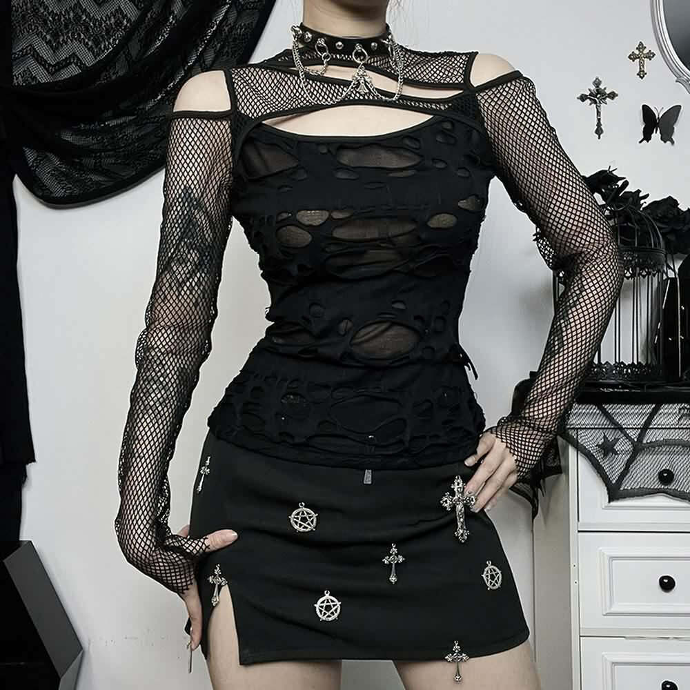 Y2K Gothic Grunge Distressed Fishnet Mesh Top - 90s Retro Summer Club Party Outfit