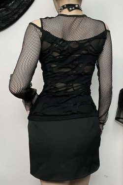 Y2K Gothic Grunge Distressed Fishnet Mesh Top - 90s Retro Summer Club Party Outfit