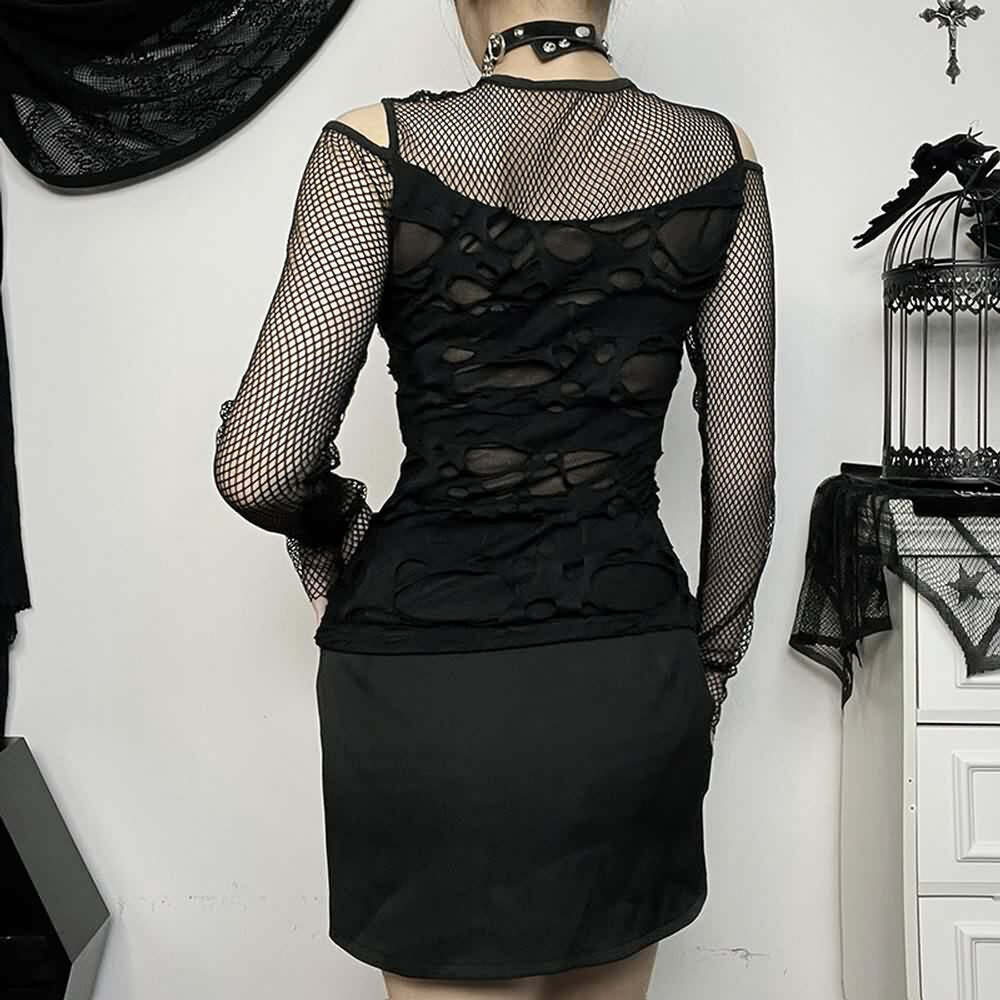 Y2K Gothic Grunge Distressed Fishnet Mesh Top - 90s Retro Summer Club Party Outfit