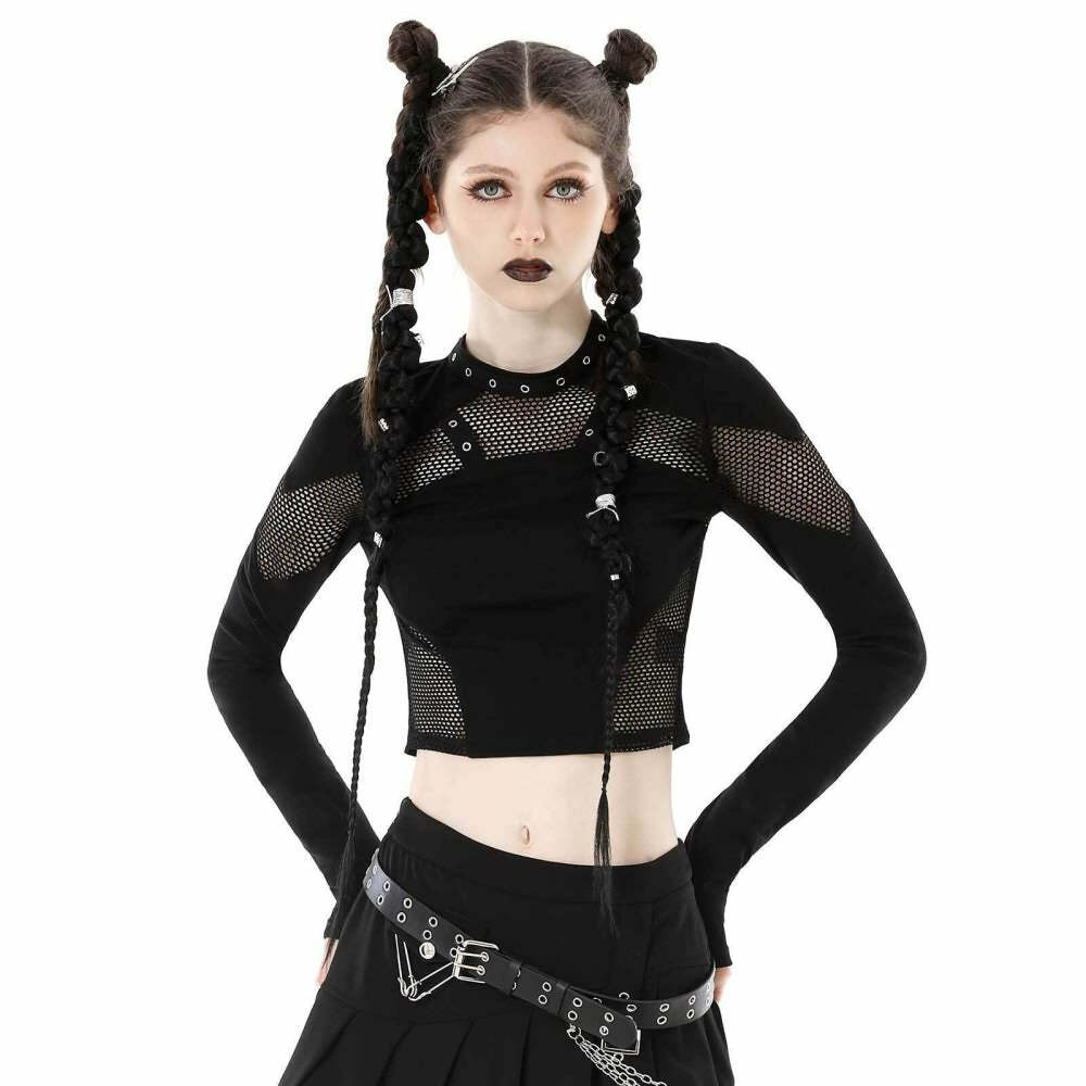 Y2K Gothic Grunge Fishnet Long Sleeve Crop Top - Retro 90s Punk Style for Summer Outfits