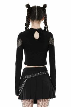 Y2K Gothic Grunge Fishnet Long Sleeve Crop Top - Retro 90s Punk Style for Summer Outfits