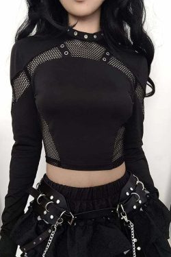 Y2K Gothic Grunge Fishnet Long Sleeve Crop Top - Retro 90s Punk Style for Summer Outfits