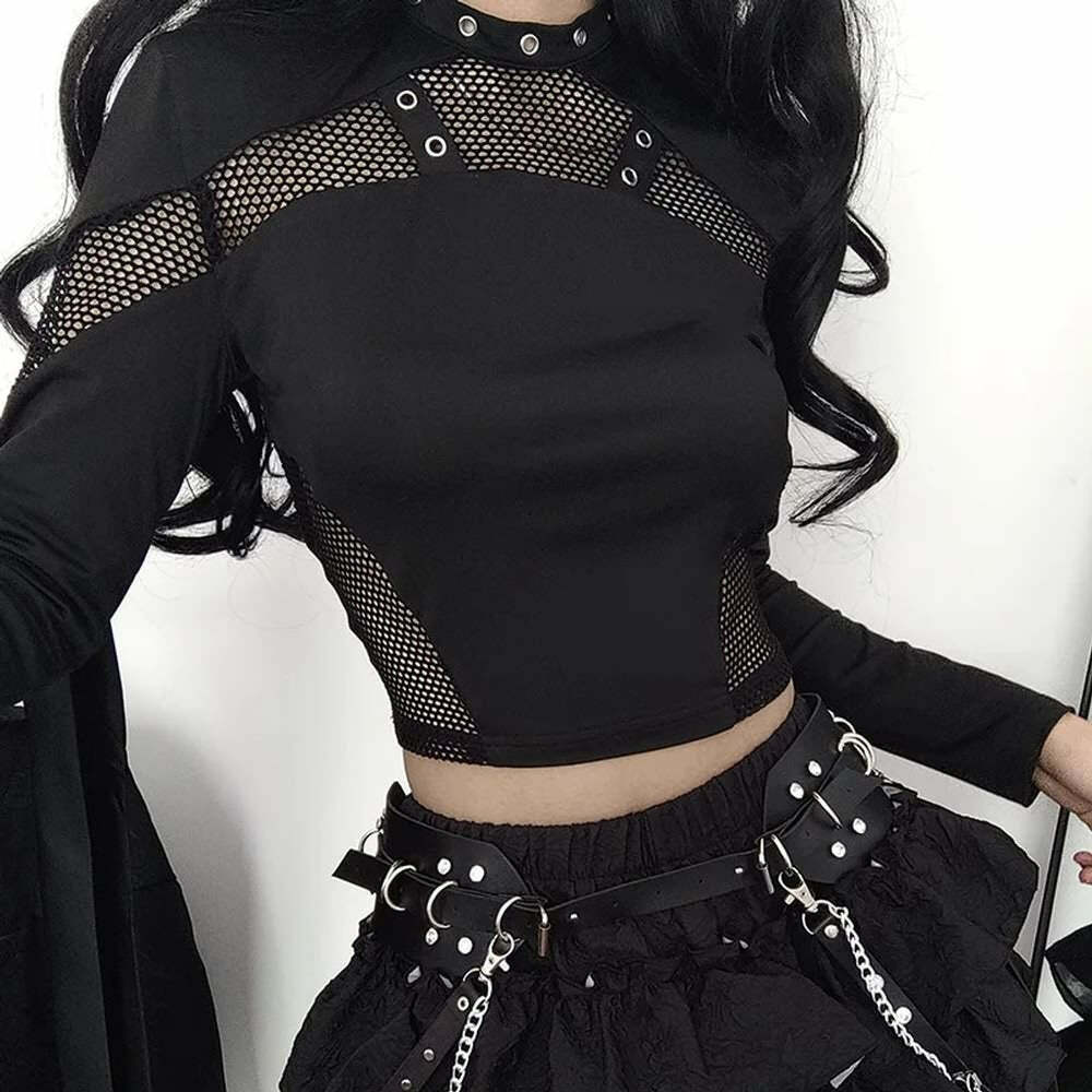 Y2K Gothic Grunge Fishnet Long Sleeve Crop Top - Retro 90s Punk Style for Summer Outfits