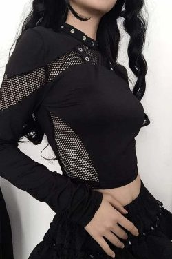 Y2K Gothic Grunge Fishnet Long Sleeve Crop Top - Retro 90s Punk Style for Summer Outfits