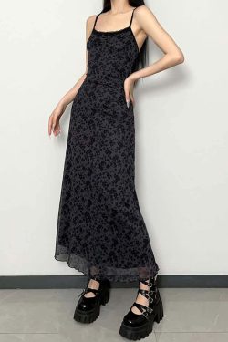 Y2K Gothic Grunge Floral Mesh Maxi Dress - 90s Retro Summer Party Outfit