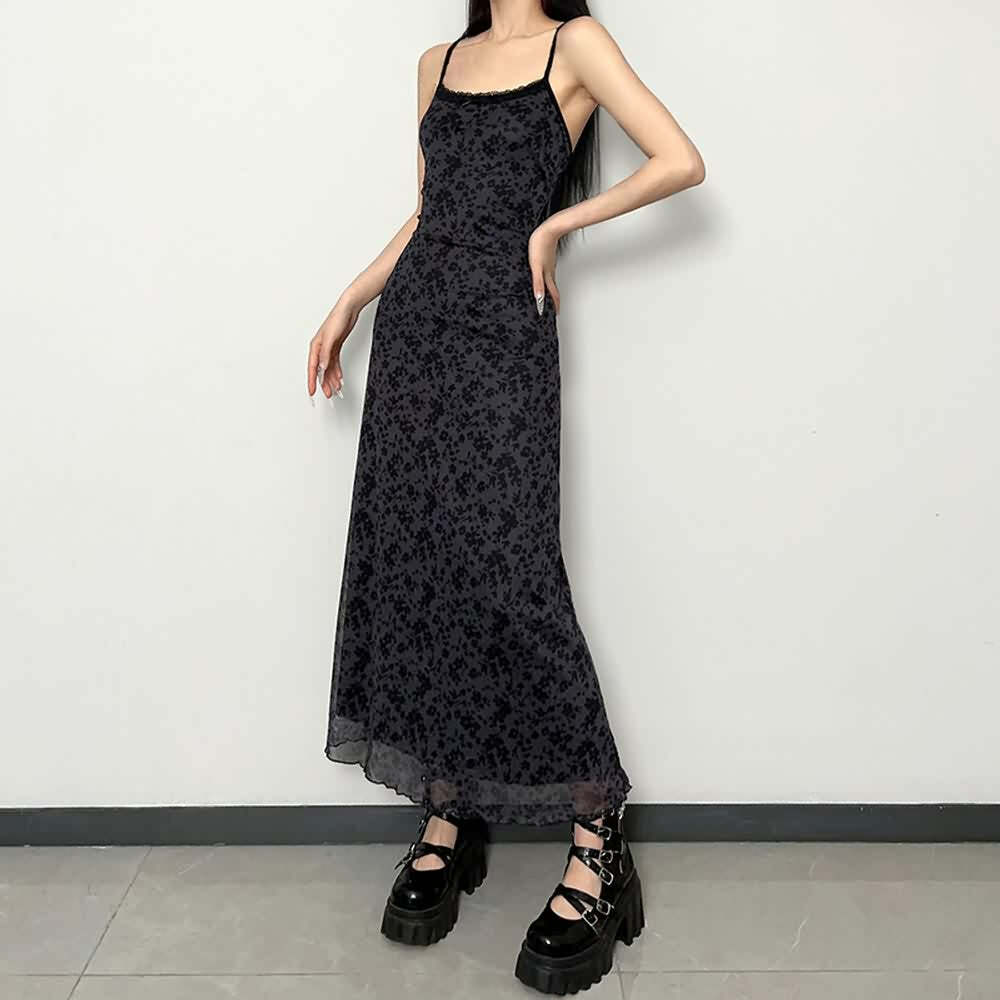 Y2K Gothic Grunge Floral Mesh Maxi Dress - 90s Retro Summer Party Outfit