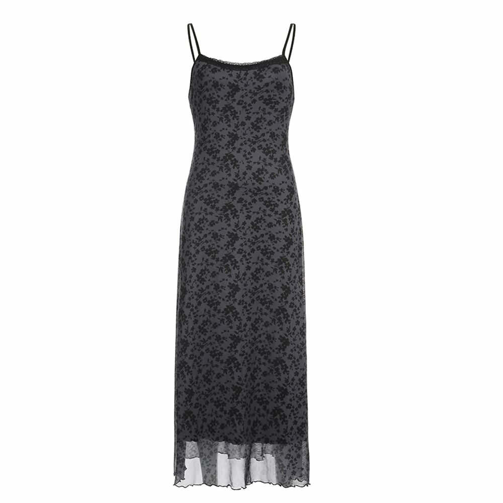 Y2K Gothic Grunge Floral Mesh Maxi Dress - 90s Retro Summer Party Outfit