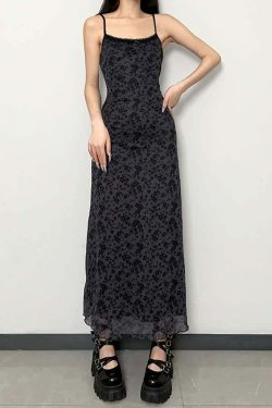 Y2K Gothic Grunge Floral Mesh Maxi Dress - 90s Retro Summer Party Outfit