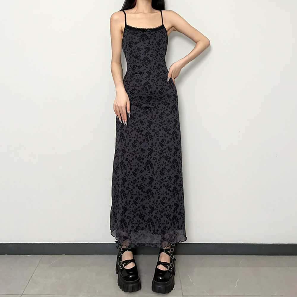Y2K Gothic Grunge Floral Mesh Maxi Dress - 90s Retro Summer Party Outfit