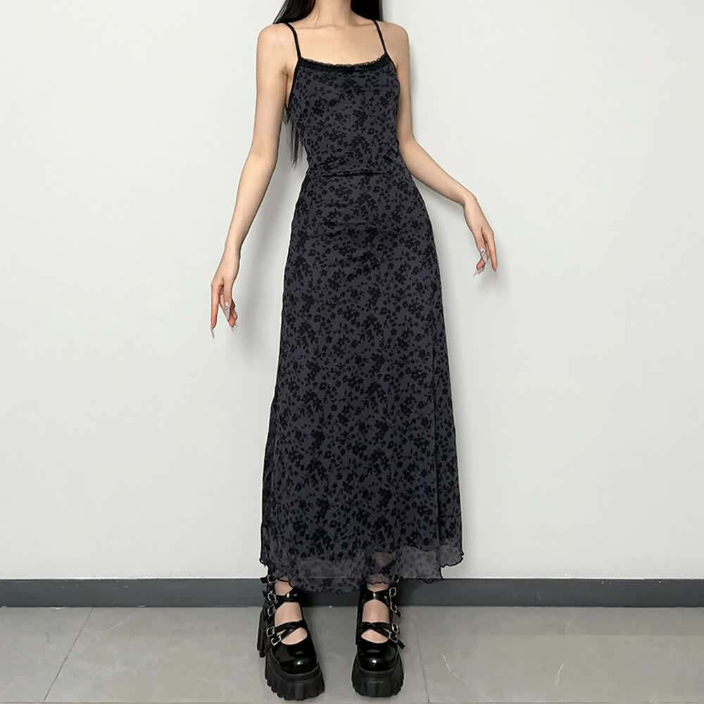 Y2K Gothic Grunge Floral Mesh Maxi Dress - 90s Retro Summer Party Outfit