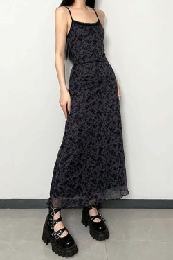 Y2K Gothic Grunge Floral Mesh Maxi Dress - 90s Retro Summer Party Outfit