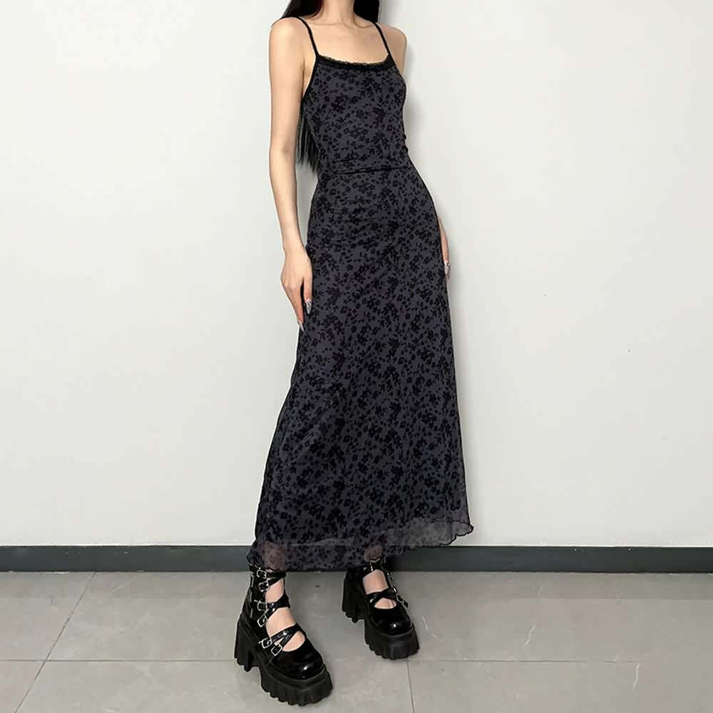 Y2K Gothic Grunge Floral Mesh Maxi Dress - 90s Retro Summer Party Outfit
