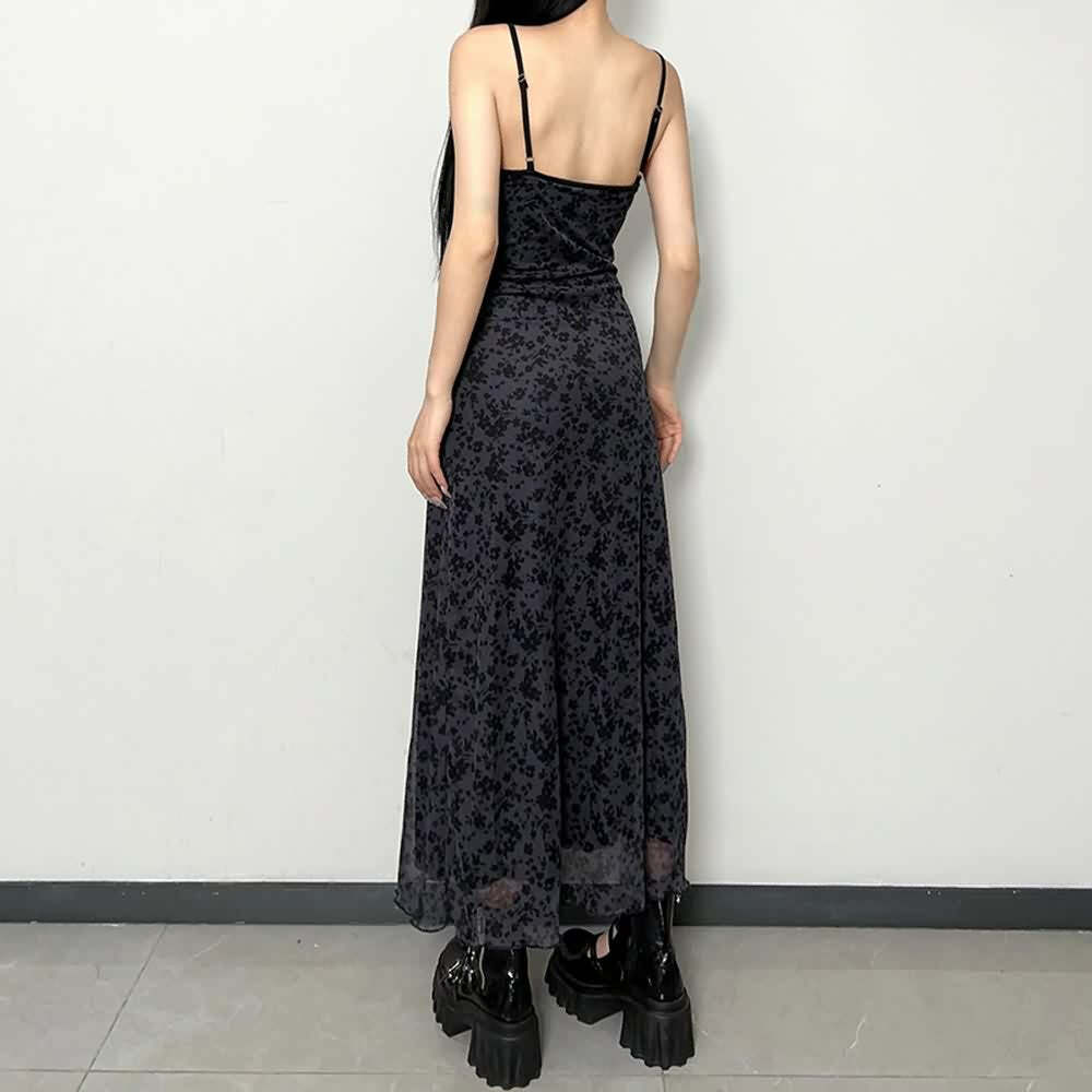 Y2K Gothic Grunge Floral Mesh Maxi Dress - 90s Retro Summer Party Outfit