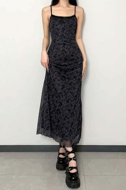 Y2K Gothic Grunge Floral Mesh Maxi Dress - 90s Retro Summer Party Outfit
