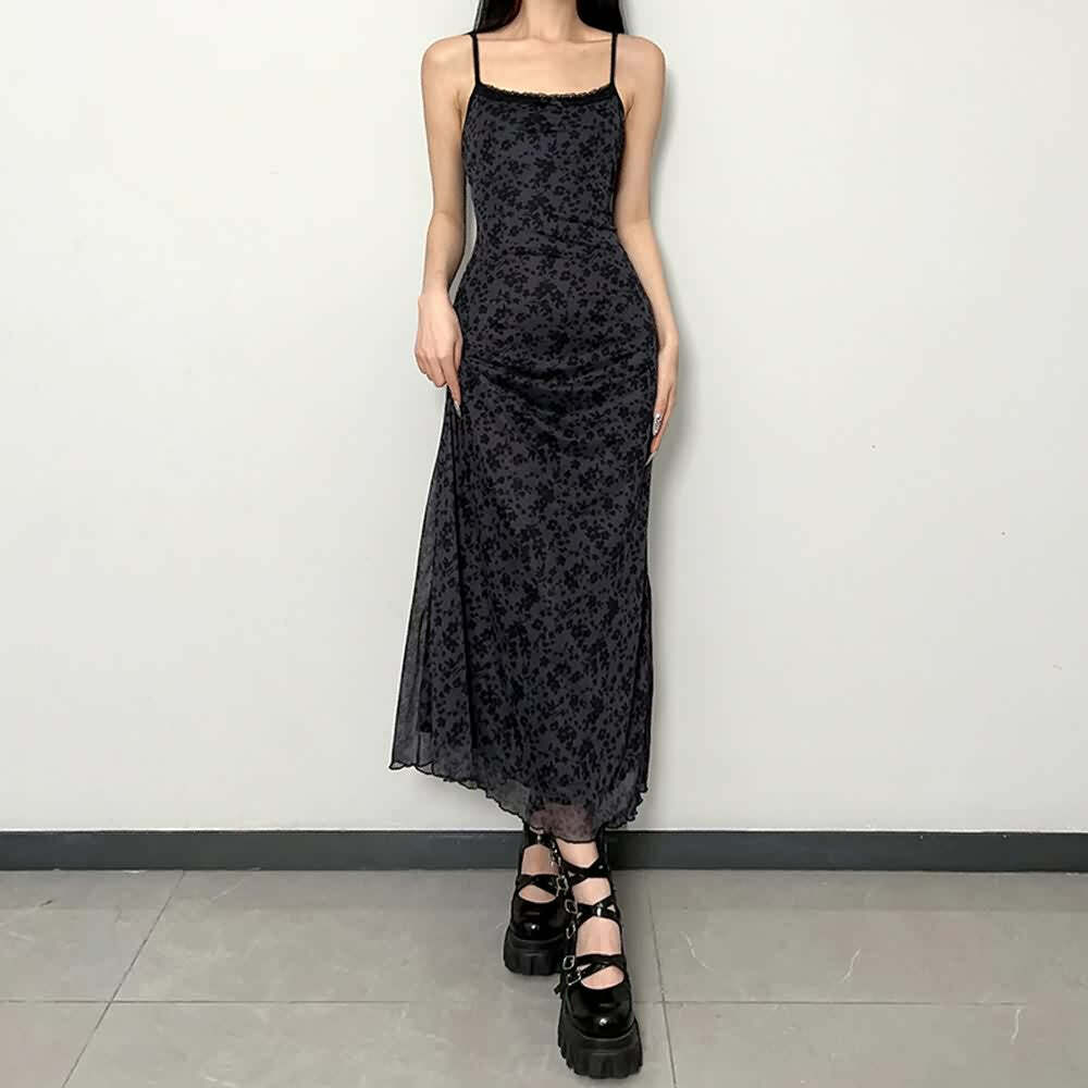 Y2K Gothic Grunge Floral Mesh Maxi Dress - 90s Retro Summer Party Outfit