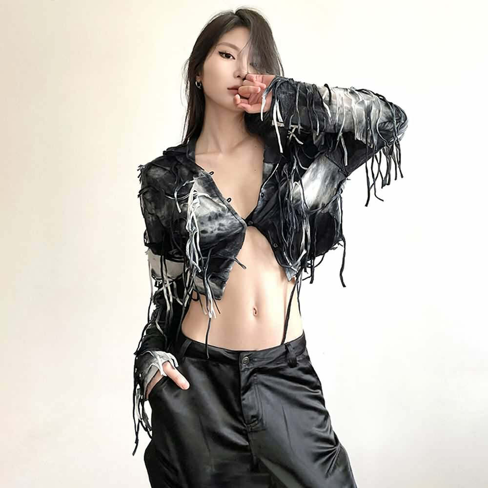 Y2K Gothic Grunge Fringe Hooded Crop Top - 90s Retro Summer Party Outfit