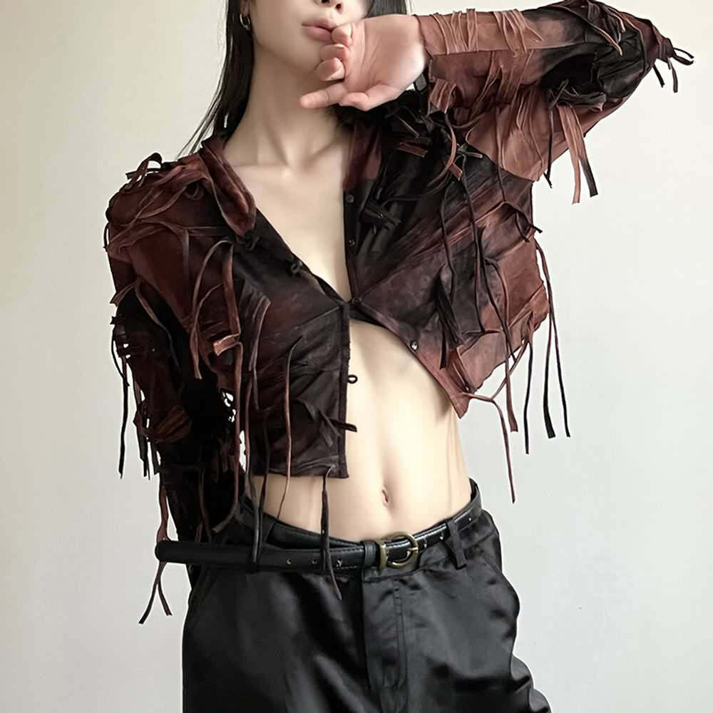 Y2K Gothic Grunge Fringe Hooded Crop Top - 90s Retro Summer Party Outfit
