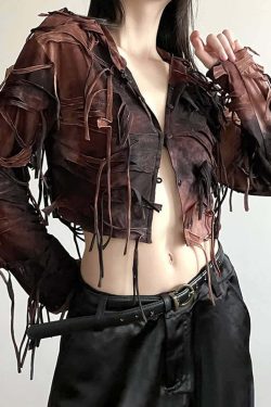 Y2K Gothic Grunge Fringe Hooded Crop Top - 90s Retro Summer Party Outfit