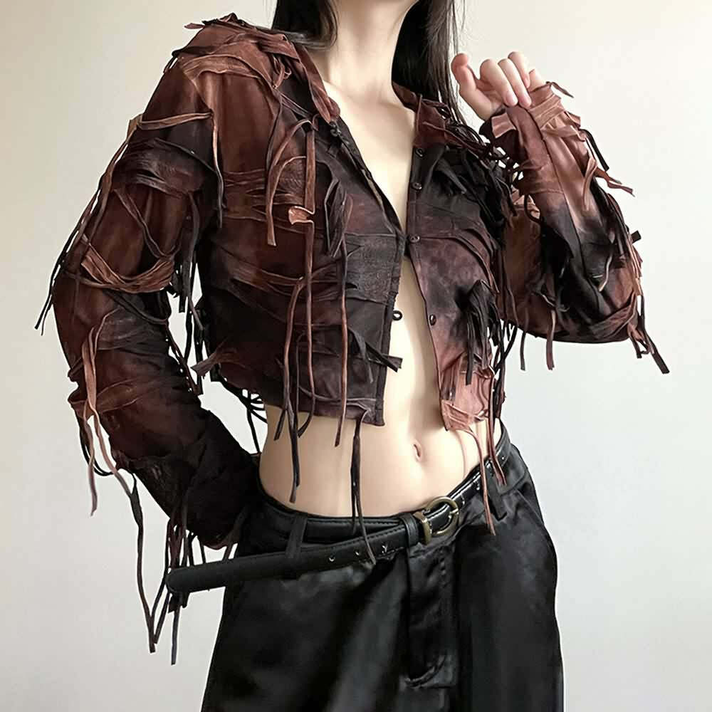 Y2K Gothic Grunge Fringe Hooded Crop Top - 90s Retro Summer Party Outfit