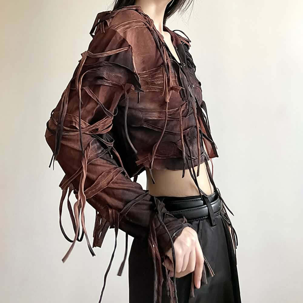 Y2K Gothic Grunge Fringe Hooded Crop Top - 90s Retro Summer Party Outfit