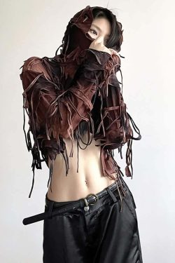 Y2K Gothic Grunge Fringe Hooded Crop Top - 90s Retro Summer Party Outfit
