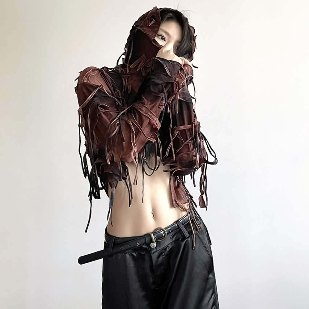 Y2K Gothic Grunge Fringe Hooded Crop Top - 90s Retro Summer Party Outfit