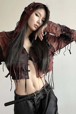Y2K Gothic Grunge Fringe Hooded Crop Top - 90s Retro Summer Party Outfit