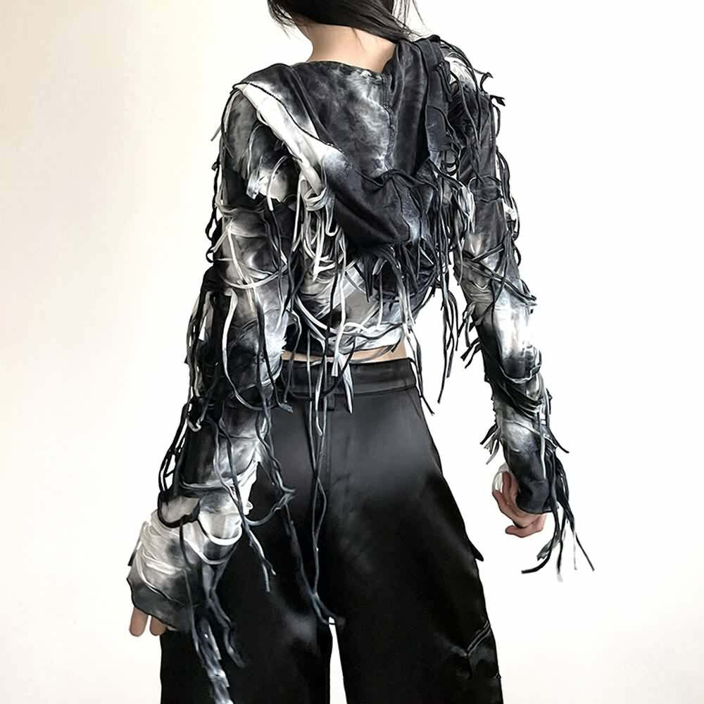 Y2K Gothic Grunge Fringe Hooded Crop Top - 90s Retro Summer Party Outfit