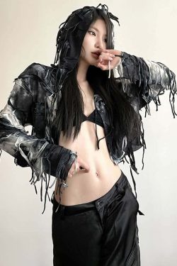Y2K Gothic Grunge Fringe Hooded Crop Top - 90s Retro Summer Party Outfit