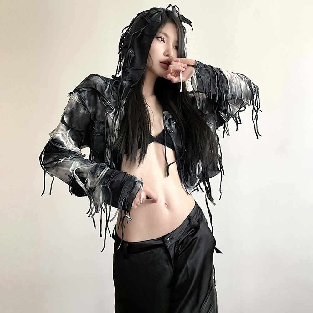 Y2K Gothic Grunge Fringe Hooded Crop Top - 90s Retro Summer Party Outfit