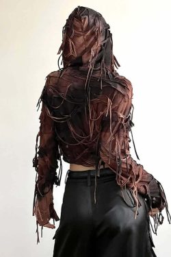 Y2K Gothic Grunge Fringe Hooded Crop Top - 90s Retro Summer Party Outfit