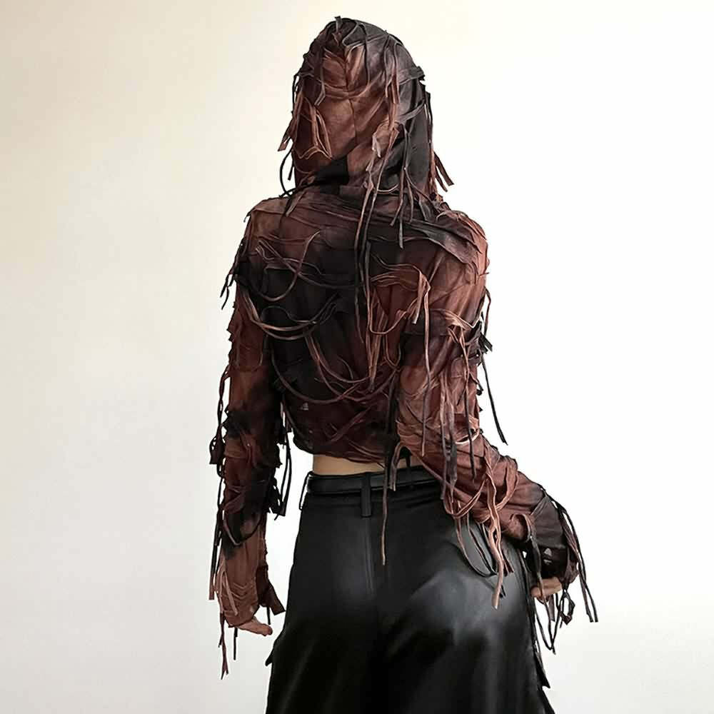 Y2K Gothic Grunge Fringe Hooded Crop Top - 90s Retro Summer Party Outfit