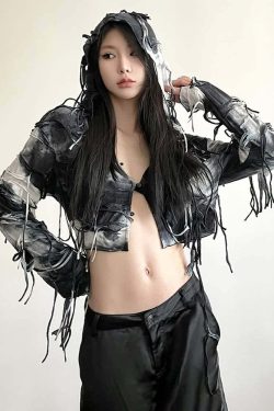 Y2K Gothic Grunge Fringe Hooded Crop Top - 90s Retro Summer Party Outfit