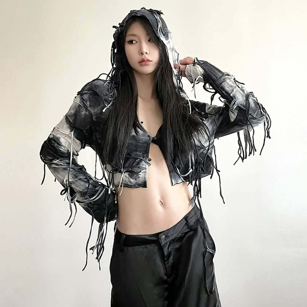 Y2K Gothic Grunge Fringe Hooded Crop Top - 90s Retro Summer Party Outfit