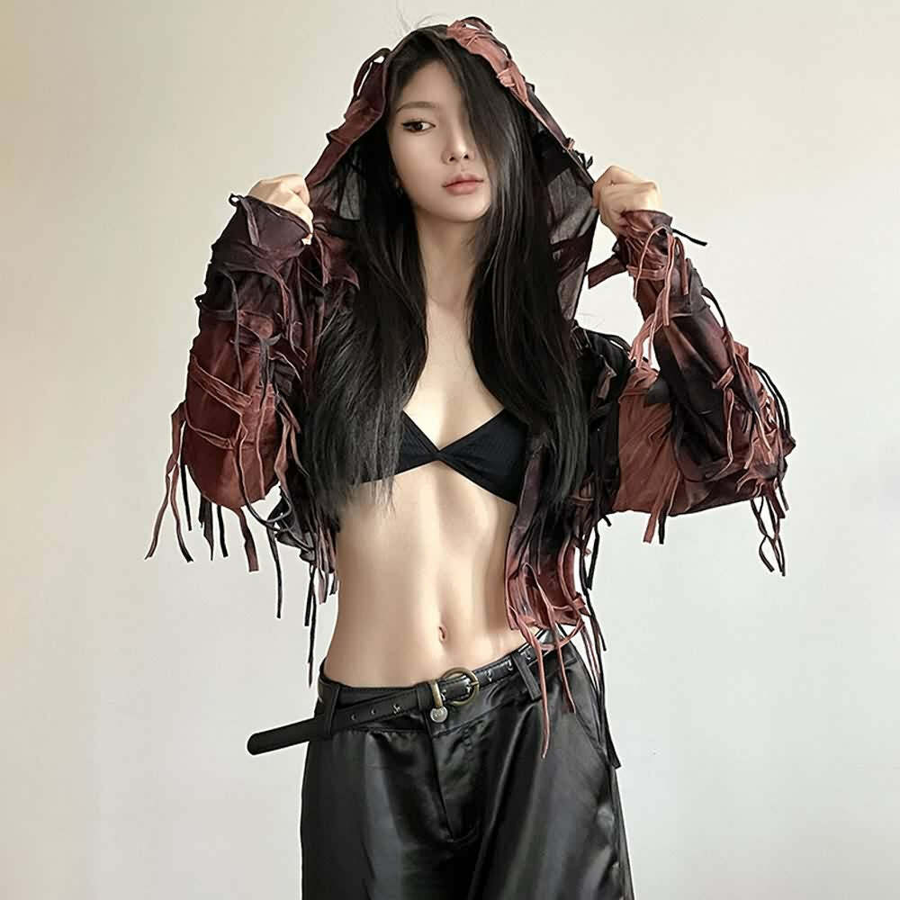 Y2K Gothic Grunge Fringe Hooded Crop Top - 90s Retro Summer Party Outfit
