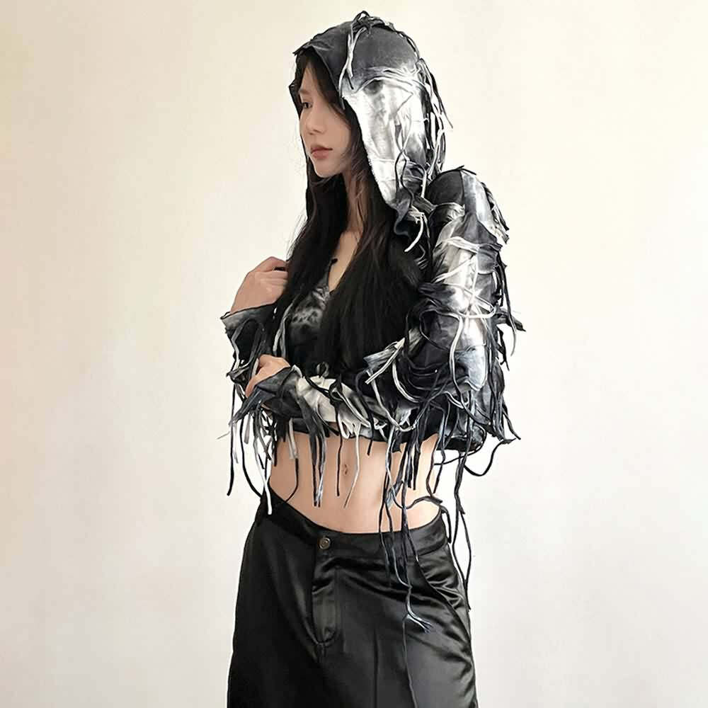 Y2K Gothic Grunge Fringe Hooded Crop Top - 90s Retro Summer Party Outfit