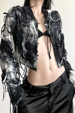 Y2K Gothic Grunge Fringe Hooded Crop Top - 90s Retro Summer Party Outfit