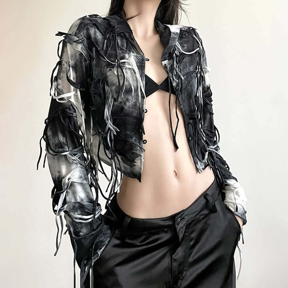 Y2K Gothic Grunge Fringe Hooded Crop Top - 90s Retro Summer Party Outfit