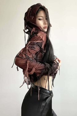 Y2K Gothic Grunge Fringe Hooded Crop Top - 90s Retro Summer Party Outfit