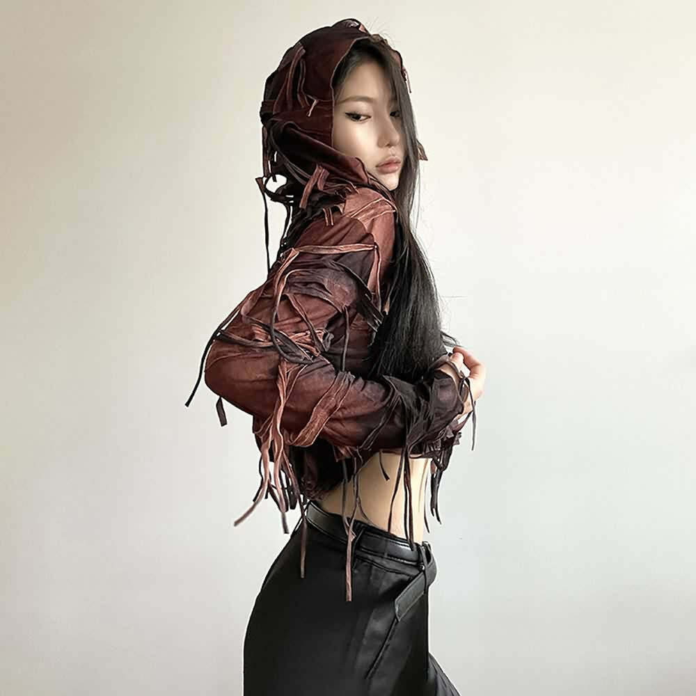 Y2K Gothic Grunge Fringe Hooded Crop Top - 90s Retro Summer Party Outfit