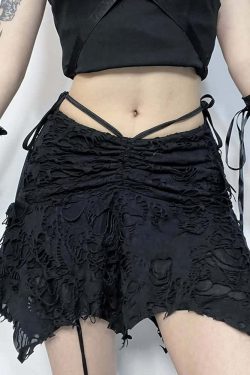 Y2K Gothic Grunge Ruched Distressed Mini Skirt - 90s Fashion, Y2K Summer, Retro Style