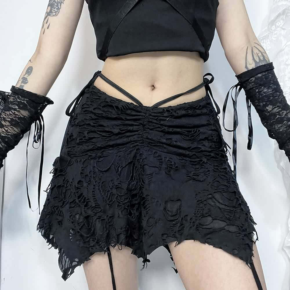 Y2K Gothic Grunge Ruched Distressed Mini Skirt - 90s Fashion, Y2K Summer, Retro Style