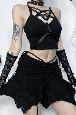 Y2K Gothic Grunge Ruched Distressed Mini Skirt - 90s Fashion, Y2K Summer, Retro Style