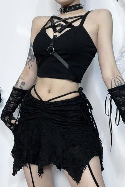 Y2K Gothic Grunge Ruched Distressed Mini Skirt - 90s Fashion, Y2K Summer, Retro Style